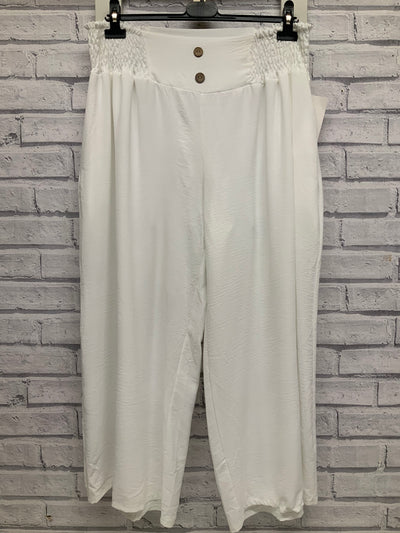 Wide Leg Trousers with Button Detail - White