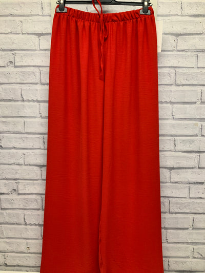 Wide Leg Trousers with Drawstring Waist - Red