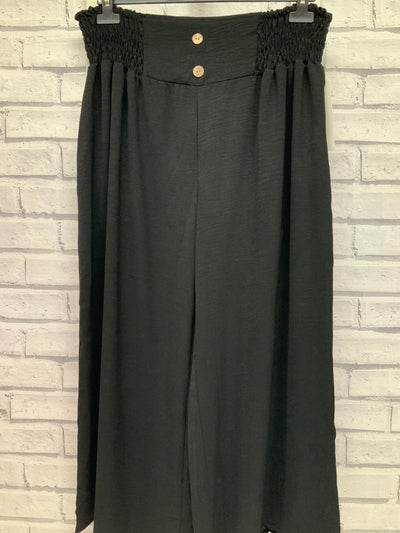 Wide Leg Trousers with Button Detail - Black