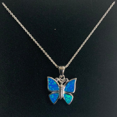 Sterling Silver Large Blue Opal Butterfly Necklace