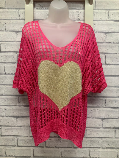 Crochet Style Top with Gold Heart - Cerise