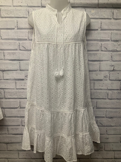 White Sleeveless Embroidered Print Cotton Dress
