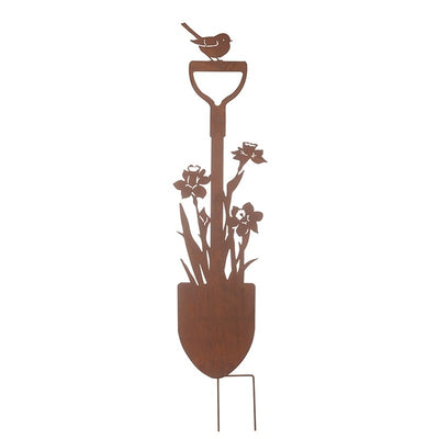 Bird & Flower On Spade Rusty Metal Garden Stake