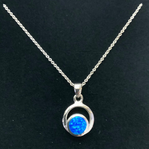 Sterling Silver Blue Opal Round Outline Necklace