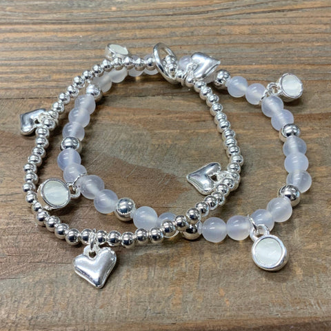 Fashion Silver Heart & Stone Double Beaded Bracelet