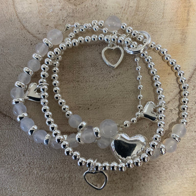 Fashion Silver Heart Triple Strand Beaded Bracelet