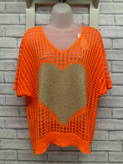 Crochet Style Top with Gold Heart - Orange