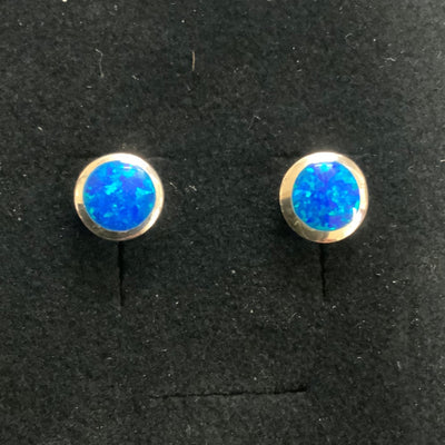 Sterling Silver Large Blue Opal Round Stud Earrings