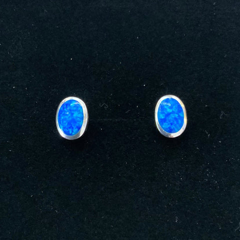 Sterling Silver Large Blue Opal Oval Stud Earrings