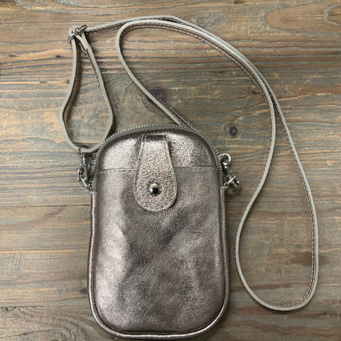 Leather Crossbody Adjustable Strap Phone Bag - Rose Gold Shimmer