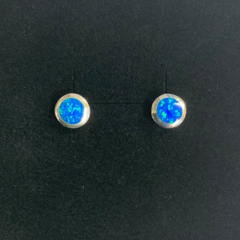 Sterling Silver Small Blue Opal Round Stud Earrings