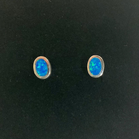 Sterling Silver Small Blue Opal Oval Stud Earrings