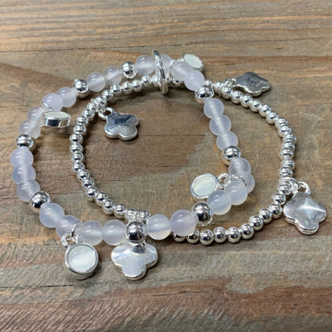 Fashion Silver Flower & Stone Double Beaded Bracelet
