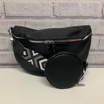 Half Round Chest Bag with Purse & Colourful Strap - Black