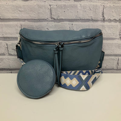 Half Round Chest Bag with Purse & Colourful Strap - Denim Blue