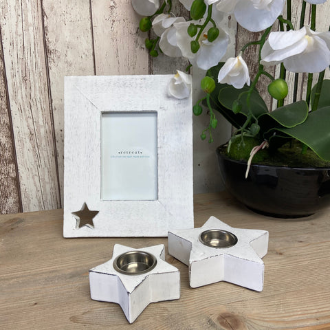 Retreat Frame - Wooden White Distressed with Cut Out Star
