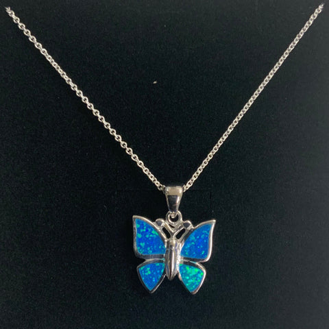 Sterling Silver Large Blue Opal Butterfly Necklace