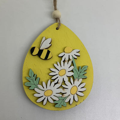 Wood Egg with Bee & Daisies Decoration