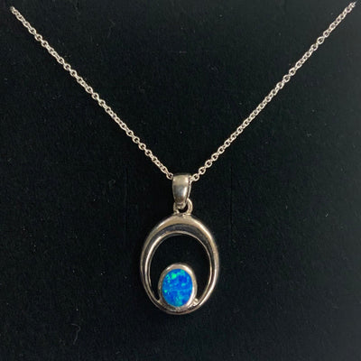 Sterling Silver Blue Opal Oval Outline Necklace