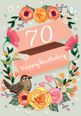 '70' Happy Birthday Card - Bird/Flowers